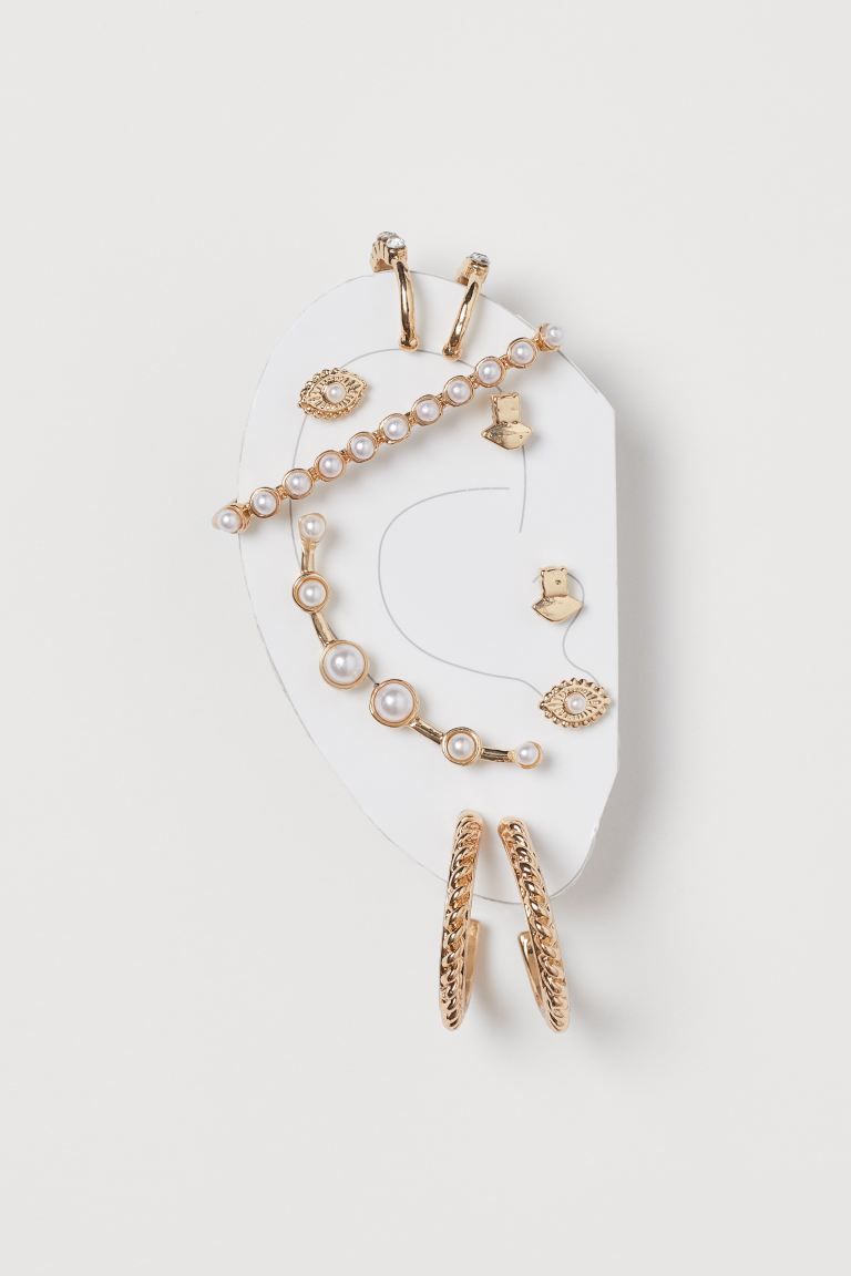 Metal earrings and ear cuffs embellished with plastic and glass beads. Four pairs of earrings for... | H&M (US + CA)