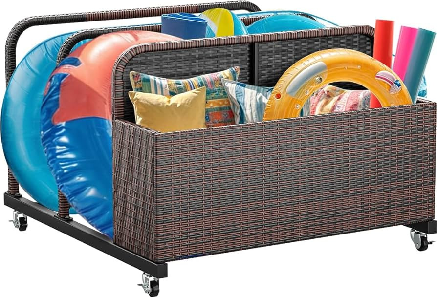 YITAHOME Outdoor Wicker Patio Poolside Float Storage, PE Rattan Rolling Pool Float Caddy for cush... | Amazon (US)