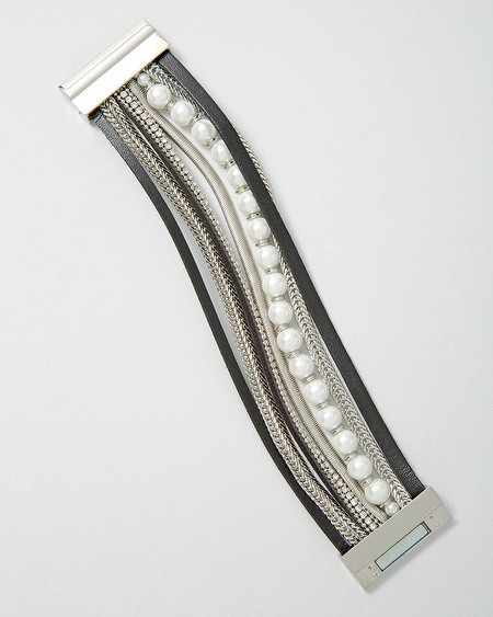 Multi-Row Glass Pearl, Leather & Chain-Link Bracelet | White House Black Market