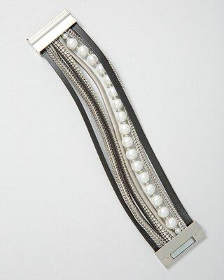 Multi-Row Glass Pearl, Leather & Chain-Link Bracelet | White House Black Market