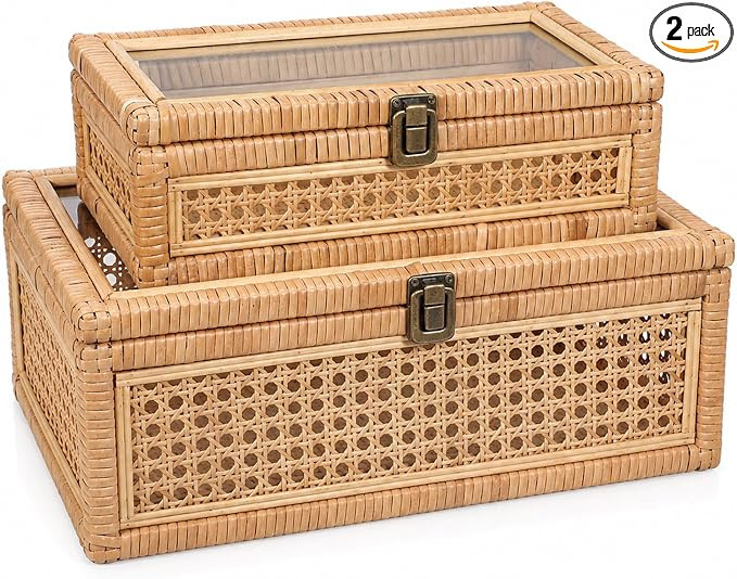 Rattan Decorative Box with Lid Large Decorative Box Lid Display Rectangular Woven Boxes with Glas... | Amazon (US)