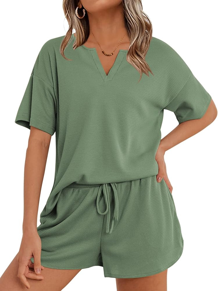 Ekouaer Waffle Knit Lounge Sets for Women 2 Piece Outfits Short Sleeve Top and Shorts Pajama Sets... | Amazon (US)
