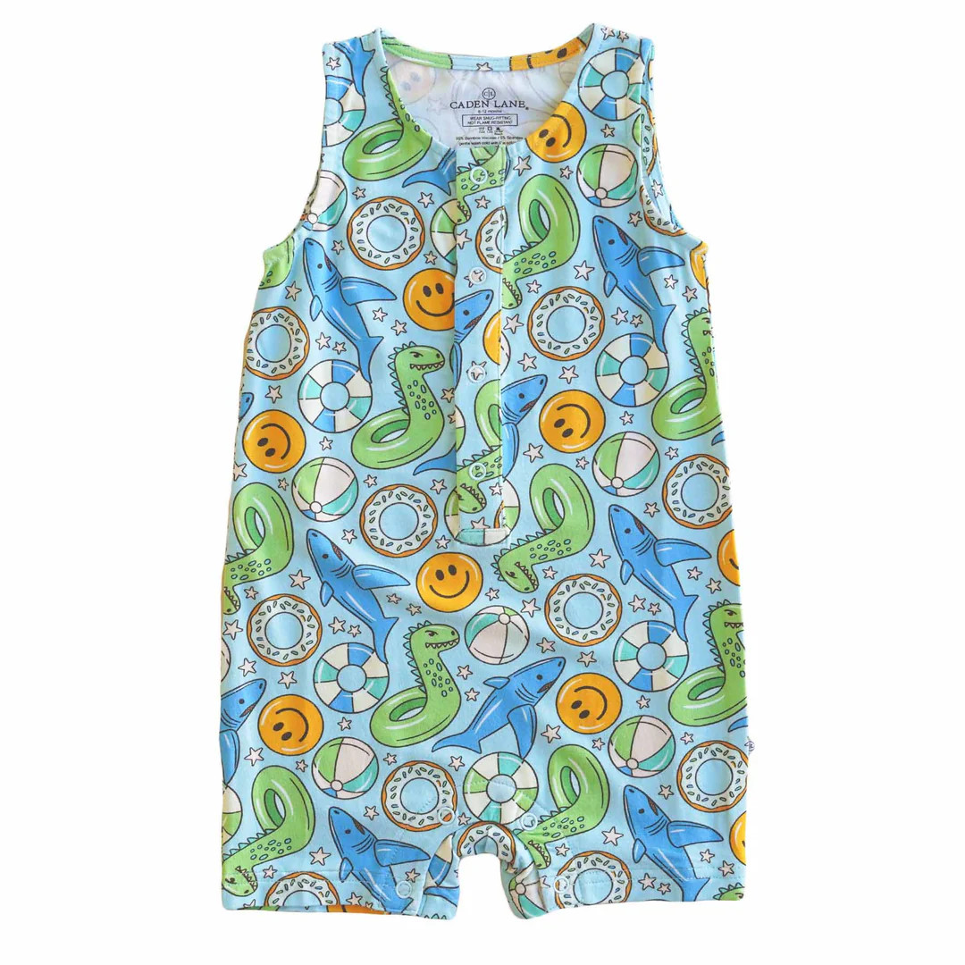 Sleeveless Snap Romper | Floatie Friends Blue | Caden Lane