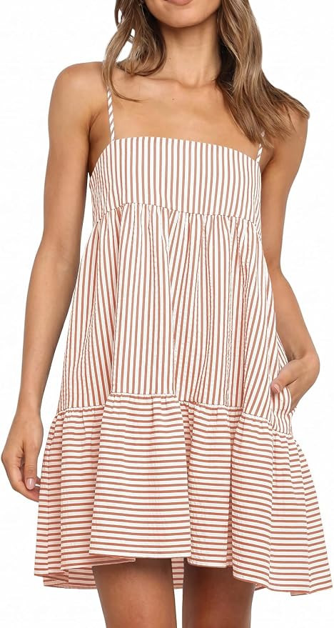 Wenrine Womens Summer Striped Mini Dress Casual Spaghetti Strap Sleeveless A Line Beach Sundress ... | Amazon (US)