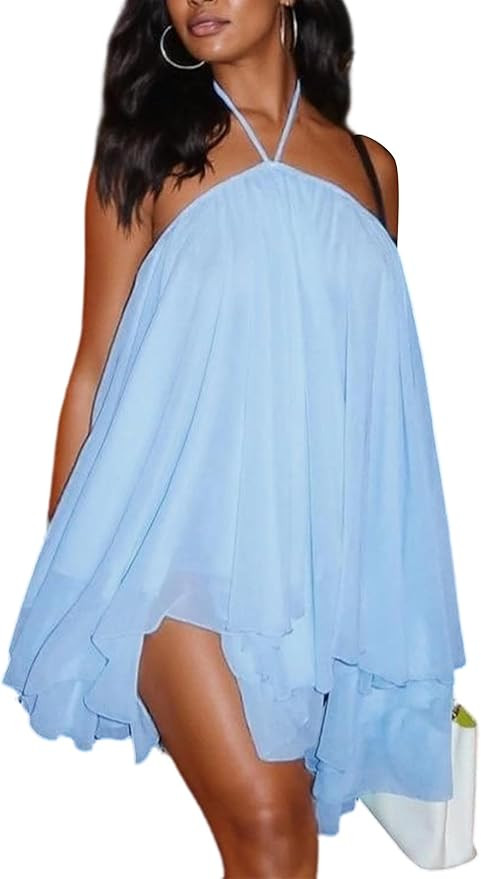 LETSVDO Women's Summer Halter Dress Tie Backless Sleeveless Off Shoulder Ruffle Hem Chiffon Flowy... | Amazon (US)