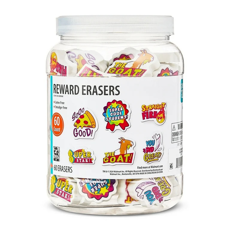 Pen+Gear Reward Erasers Teacher Bucket, Assorted Designs, 60 Count | Walmart (US)
