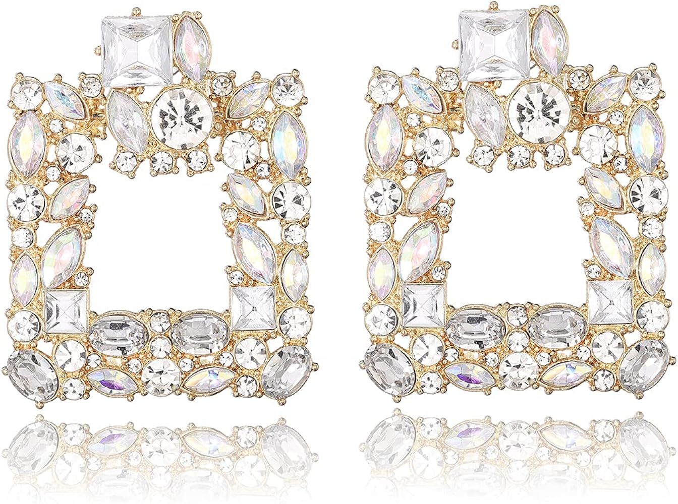 Rhinestone Square Dangle Earrings Sparkly Crystal Geometric Drop Statement Earrings for Women KELMAL | Amazon (US)