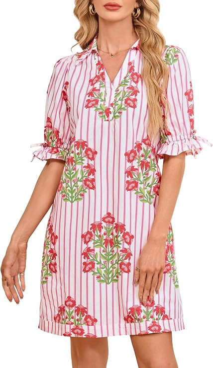 YEXPINE Womens Floral Striped Mini Dress Puff Sleeve Casual Summer Shift Dress V Neck Collared Tu... | Amazon (US)