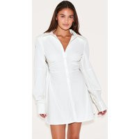 White Structured Ruched Detail Long Sleeve Shirt Dress | PrettyLittleThing US