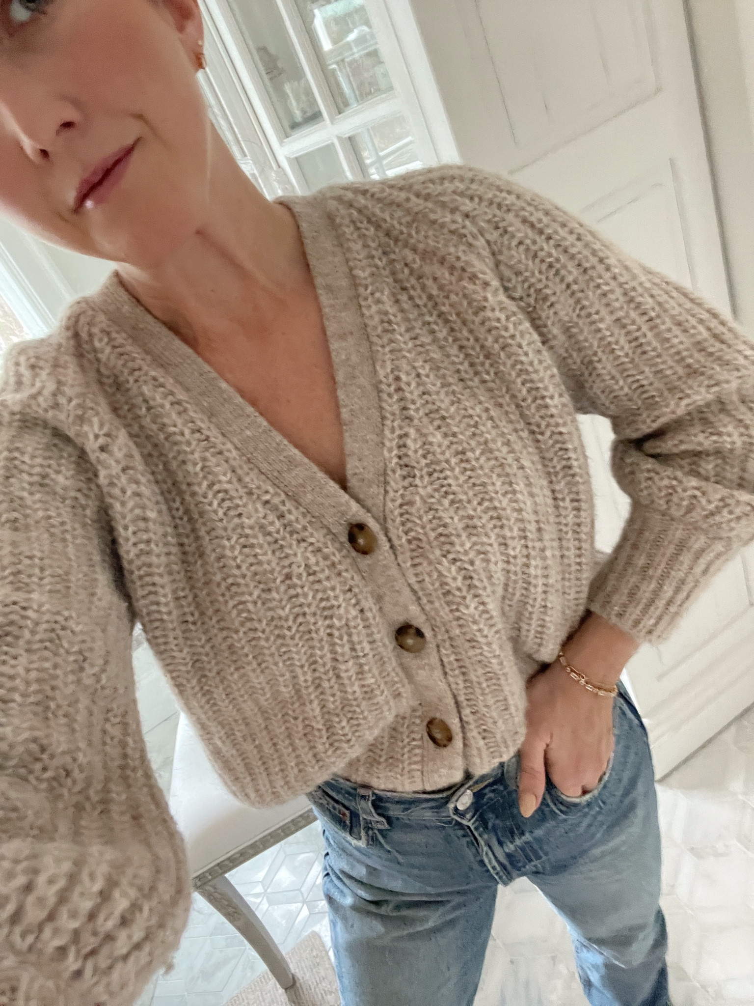 Wearing a size xs in the knit Sezane Cardigan. I’d suggest to size down. 

#LTKstyletip #LTKworkwear #LTKSeasonal