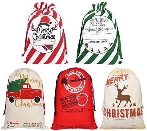 Faylapa 5 Pack Large Santa Sacks,Canvas Stocking with Drawstrings,Reusable Designs,19.7 X 27.5 In... | Amazon (US)