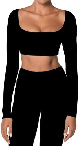 Sunzel Long Sleeve Workout Tops for Women Breathable Square Neck Crop Top with Built in Bra Cropp... | Amazon (US)
