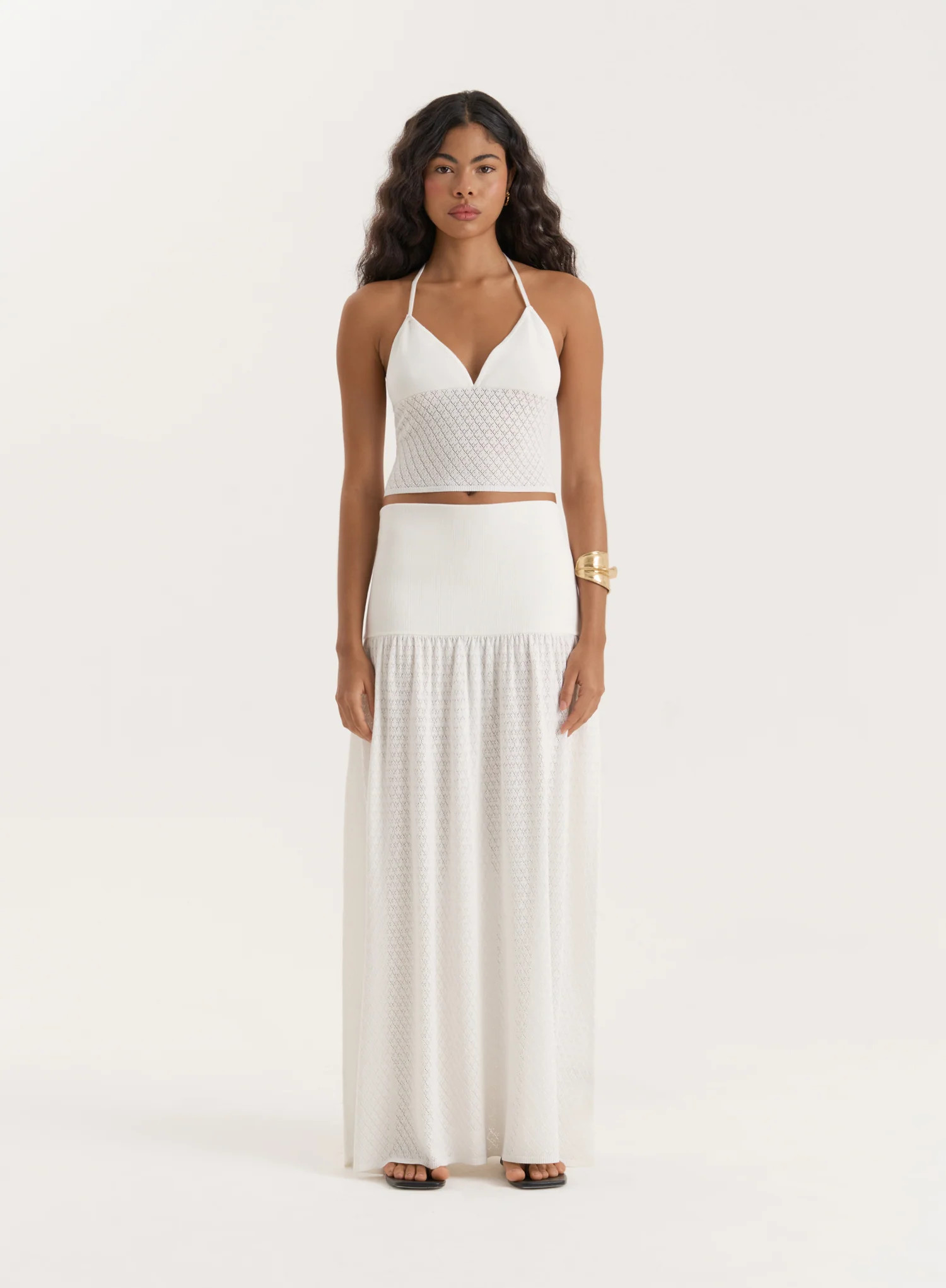 White Contrast Knit Drop Waist Maxi Skirt- Avani | 4th & Reckless