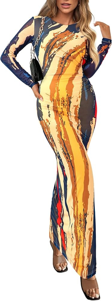 PRETTYGARDEN Women's Bodycon Maxi Dress Fall Spring Fashion Long Sleeve Floral Print Tight Fitted... | Amazon (US)