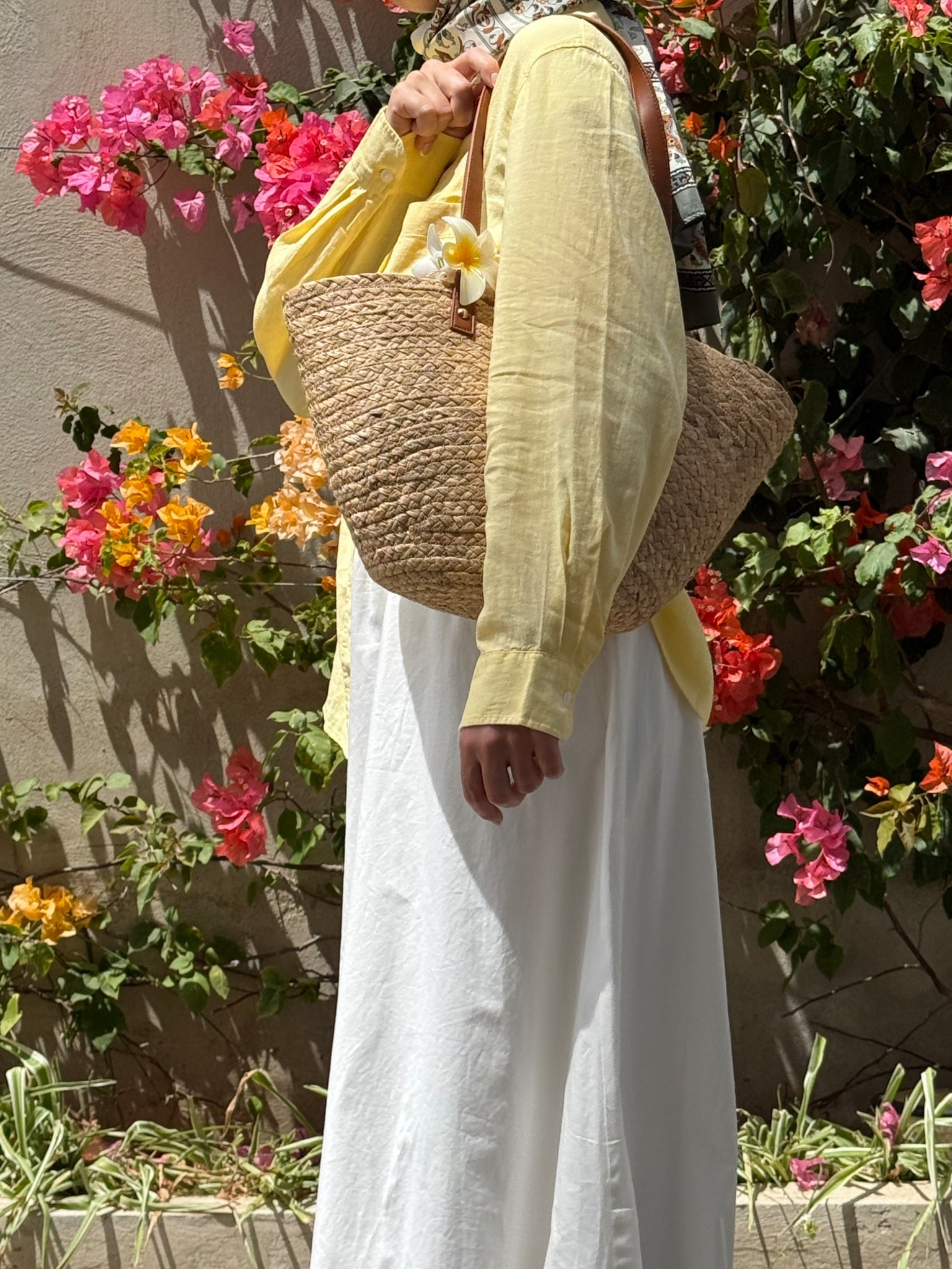 Balloon white skirt, yellow linen shirt, straw bag, flower clip, summer outfit, modest summer outfit 

#LTKstyletip #LTKmodest #LTKsummer
