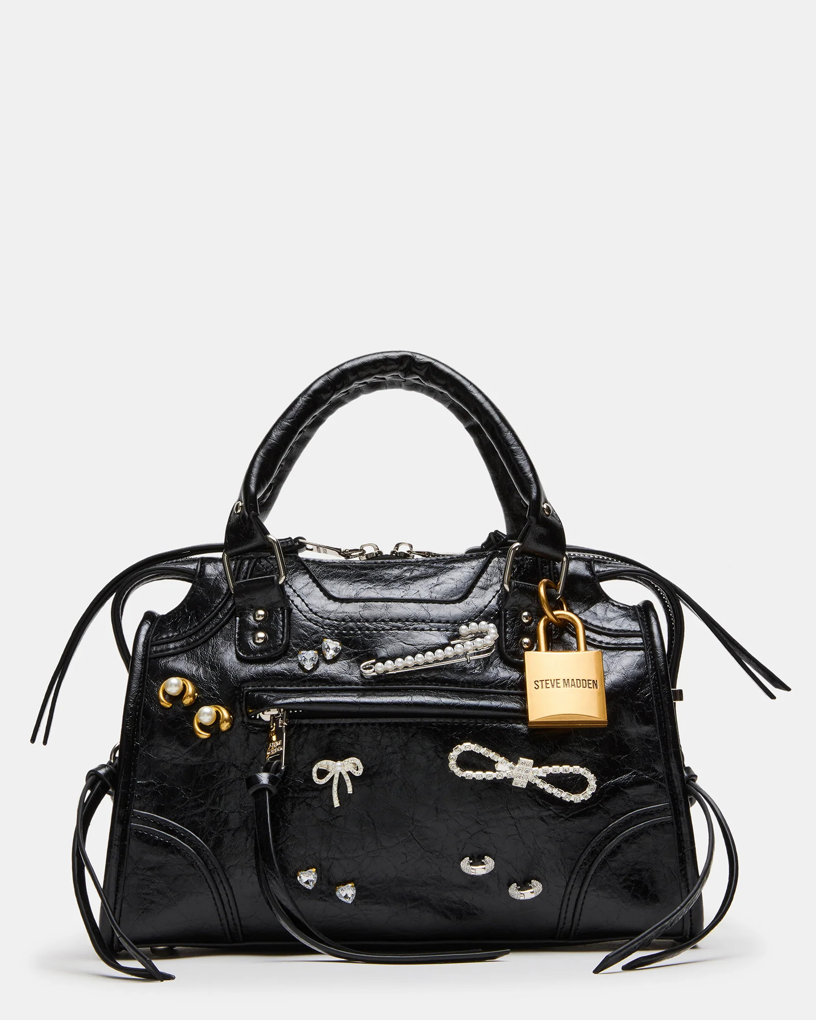 RIGGS Bag Embellished Black Distressed Slouchy Top-Handle Crossbody Satchel Handbag | Steve Madden (US)