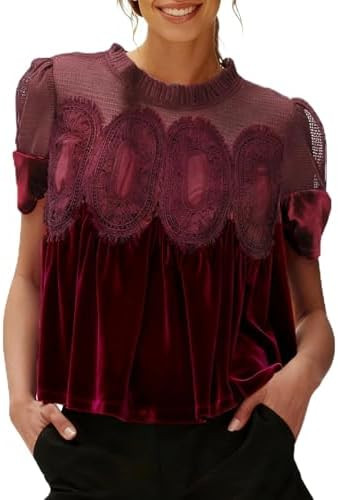 Gozoloma Women's Velvet Lace Blouse Casual Round Neck Short Sleeve Flared Swing Top Elegant Loose... | Amazon (US)