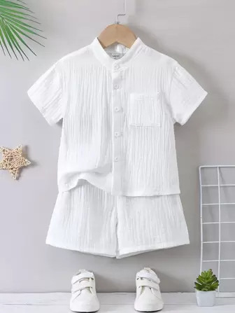 SHEIN Kids SUNSHNE Young Boy White Monochrome Vacation Minimalist Casual Set With Stand Collar An... | SHEIN