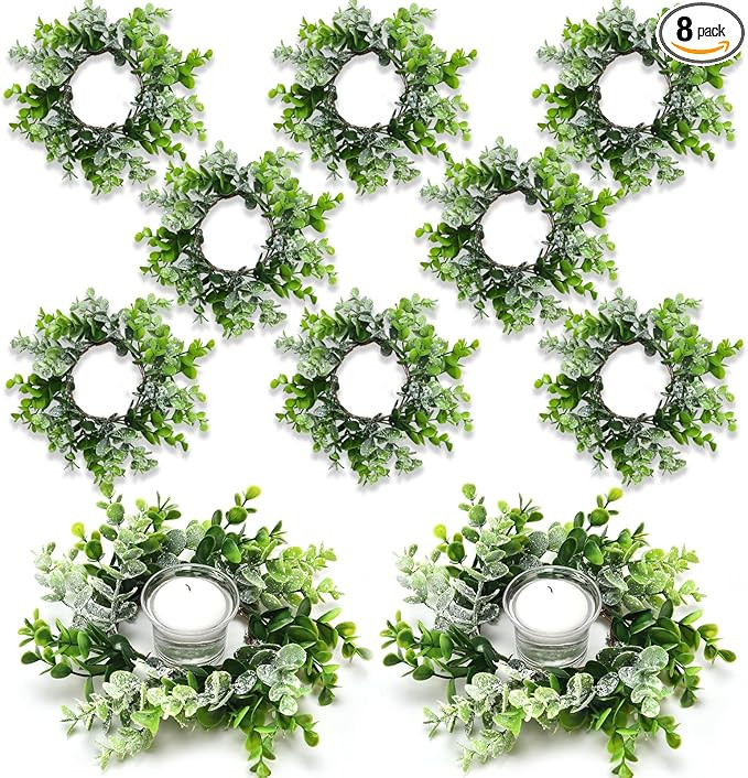 Jexine 8 Pieces Candle Rings Mini Candle Rings Wreaths Artificial Center Wreath for Wedding Table... | Amazon (US)