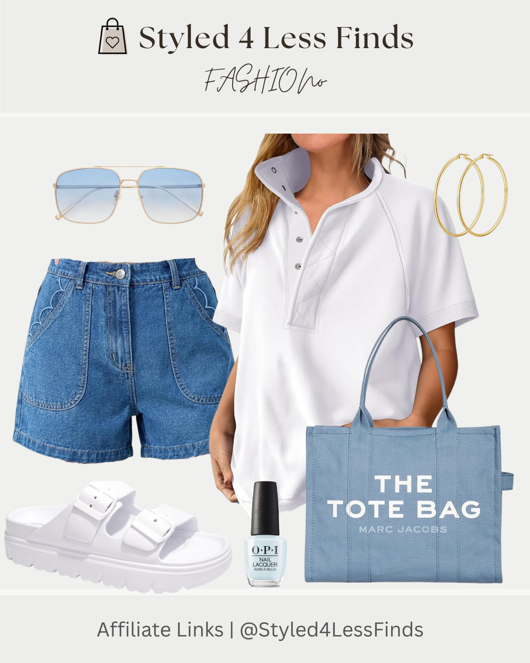 Soft blues + crisp whites = the easiest way to look effortlessly polished all summer long 💙☁️ This outfit is giving casual chic with a touch of coastal vibes, and I love how the structured denim shorts balance the relaxed oversized top perfectly. Add gold hoops and a statement tote to instantly elevate an everyday look ✨

Style Tip: When wearing oversized tops, pair them with structured shorts or fitted bottoms to keep the outfit balanced and flattering. Accessories in matching tones make the whole look feel intentional and put together 🤍 

 #LTKcanada #LTKsummer #LTKover50style