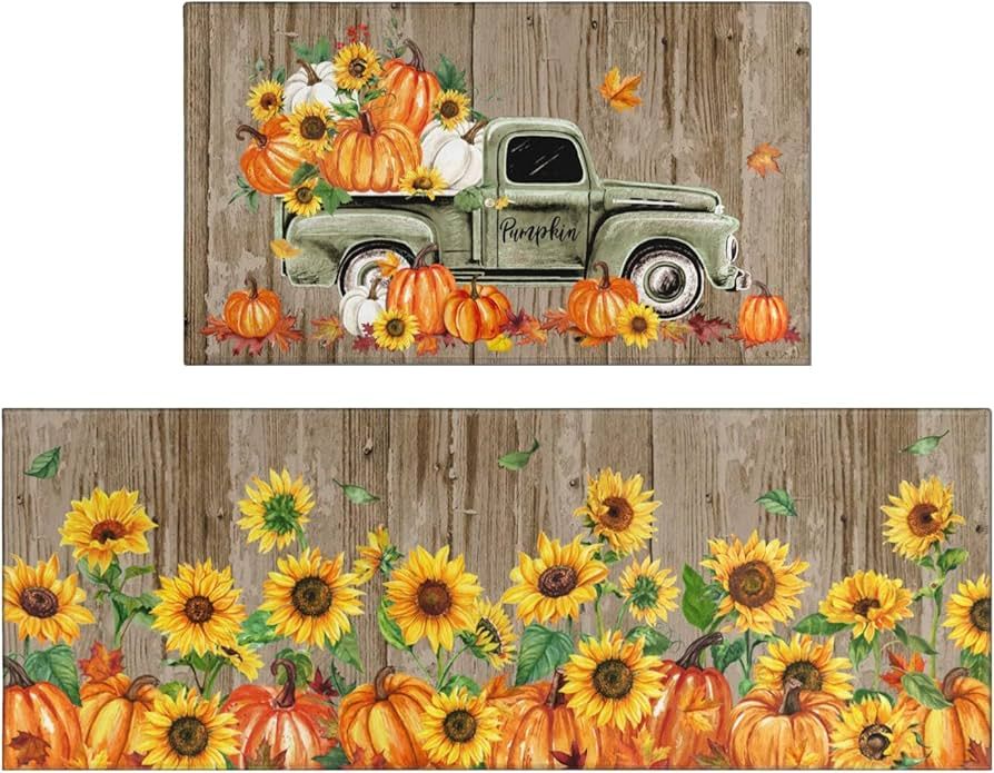 Fall Kitchen Rugs Set of 2，Fall Kitchen Rugs Fall Entrance Door Mat Pumpkin Sunflower Non Slip ... | Amazon (US)