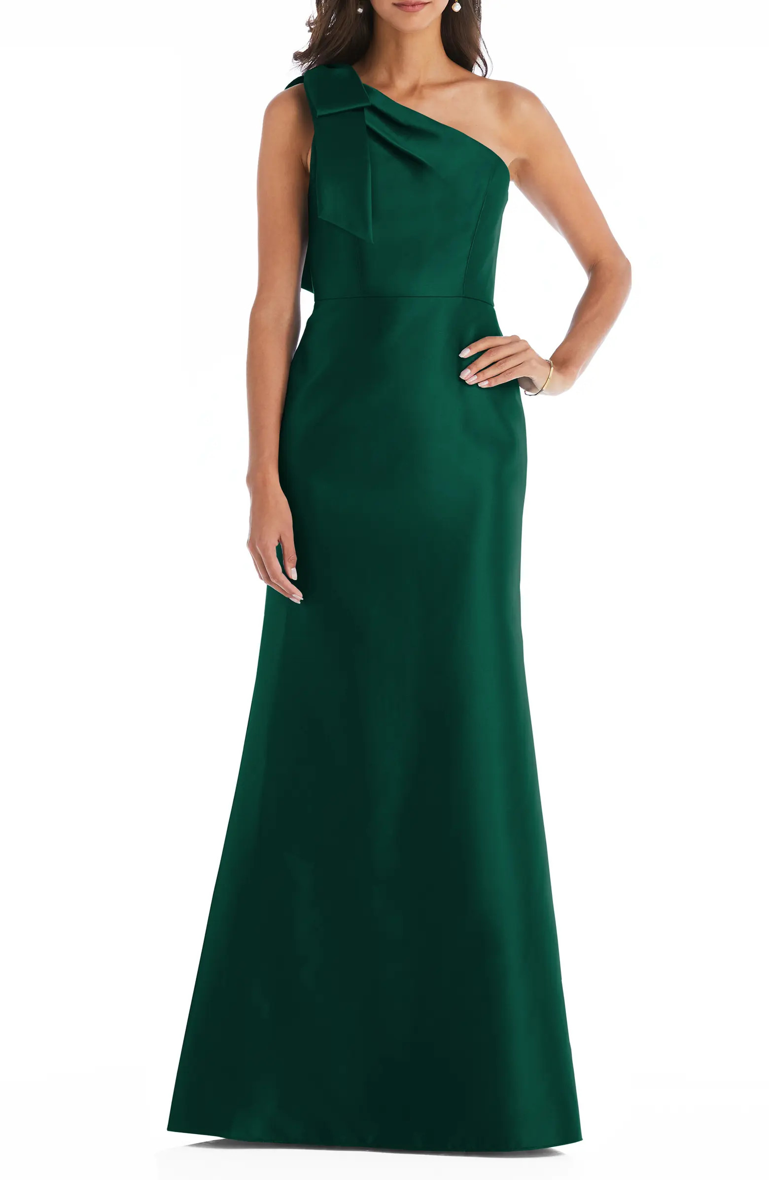 Bow One-Shoulder Satin Trumpet Gown | Nordstrom