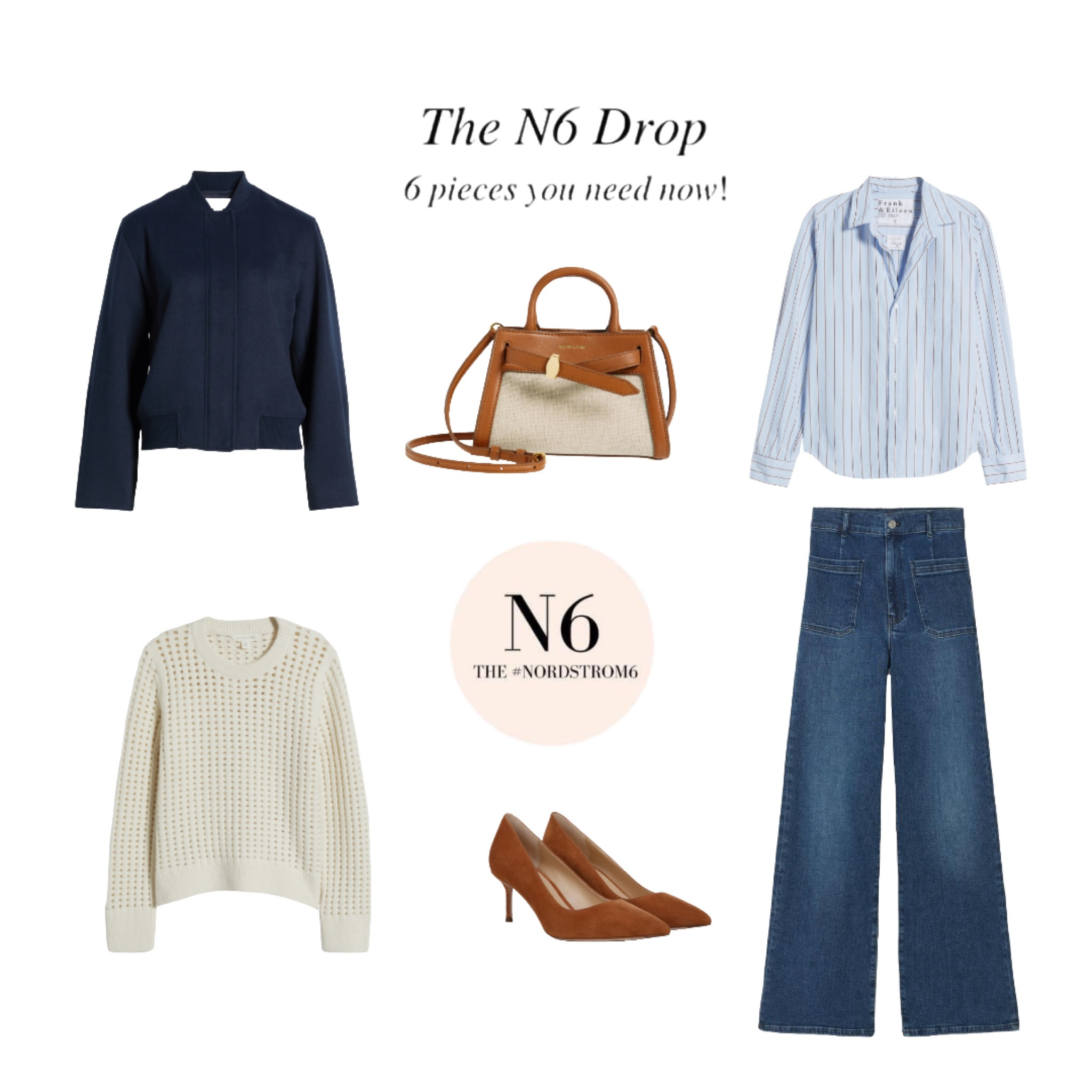 Six pieces chosen by a group of pro stylists-the NORDSTROM6 Drop! These are the 6 must-haves to jazz up your closet this January…
•The Frame Le Slim Palazzo is a top seller! The group loved the patch pocket pairs, but I personally prefer the raw hem Le Palazzo listed below on my full hips.  I’m wearing a 27, TTS
•Frank & Eileen tailored striped button-up, runs small if you’re busty at all. 
•Treasure&Bond open-weave sweater runs large. I’m wearing a small but could have sized down.
•Nordstrom brushed bomber jacket TTS, I’m wearing a small
•Veronica Beard Rita pump TTS
•Veronica Beard top handle bag
