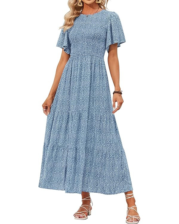 ZESICA Women's 2024 Summer Casual Floral Print Short Flutter Sleeve Crew Neck Smocked High Waist ... | Amazon (US)