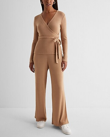 Two Piece Set: Ribbed Cozy Knit Surplice Tie Waist Top + Ribbed Cozy Knit Wide Leg Pant | Express