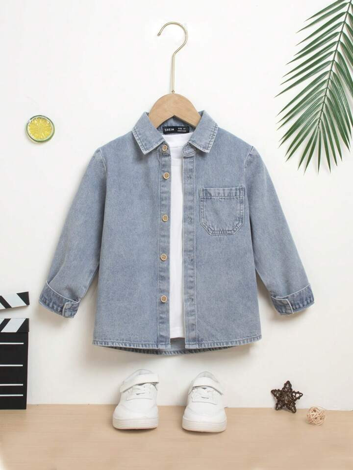 Young Boy Fall Loose-Fit Solid Color Denim Jacket With Stone Washed Finish | SHEIN USA | SHEIN
