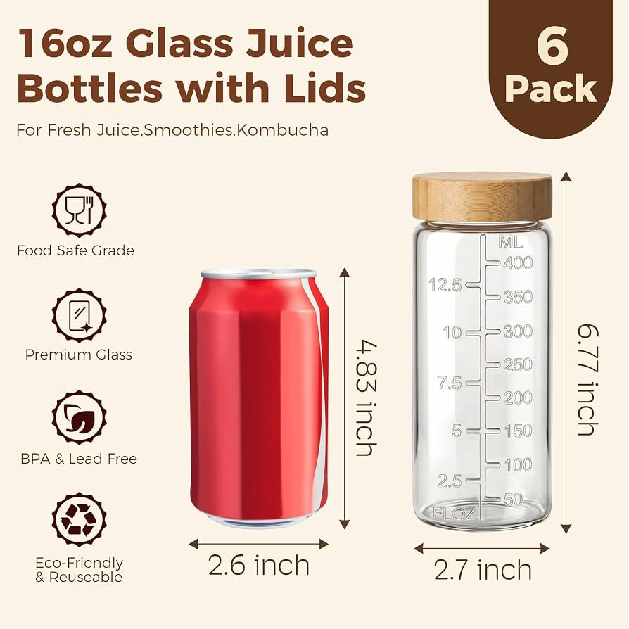 16oz Round Glass Juice Bottles with Lids, 6 Pack Reusable Juice Containers with Bamboo Lids, Glas... | Amazon (US)
