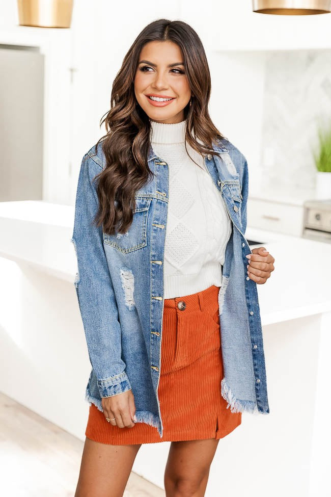 Wait Forever Distressed Raw Hem Oversized Denim Jacket | Pink Lily