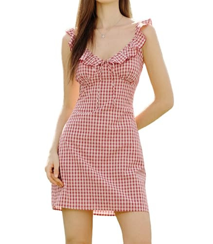 RIHOAS Retro Red Plaid Slip Dress for Women - V Neck Spaghetti Strap A-Line Mini Dress with Ruffles, Perfect for Spring Summer Wedding Guest & Formal Occasions | Amazon (US)