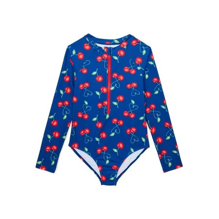 Wonder Nation Girls Printed Zip Rash Guard One-Piece Swimsuit with UPF50+, Sizes 4-18 & Plus | Walmart (US)