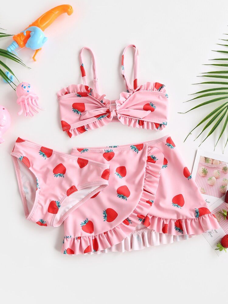 3pack Baby Girl Strawberry Print Ruffle Trim Bikini Swimsuit | SHEIN
