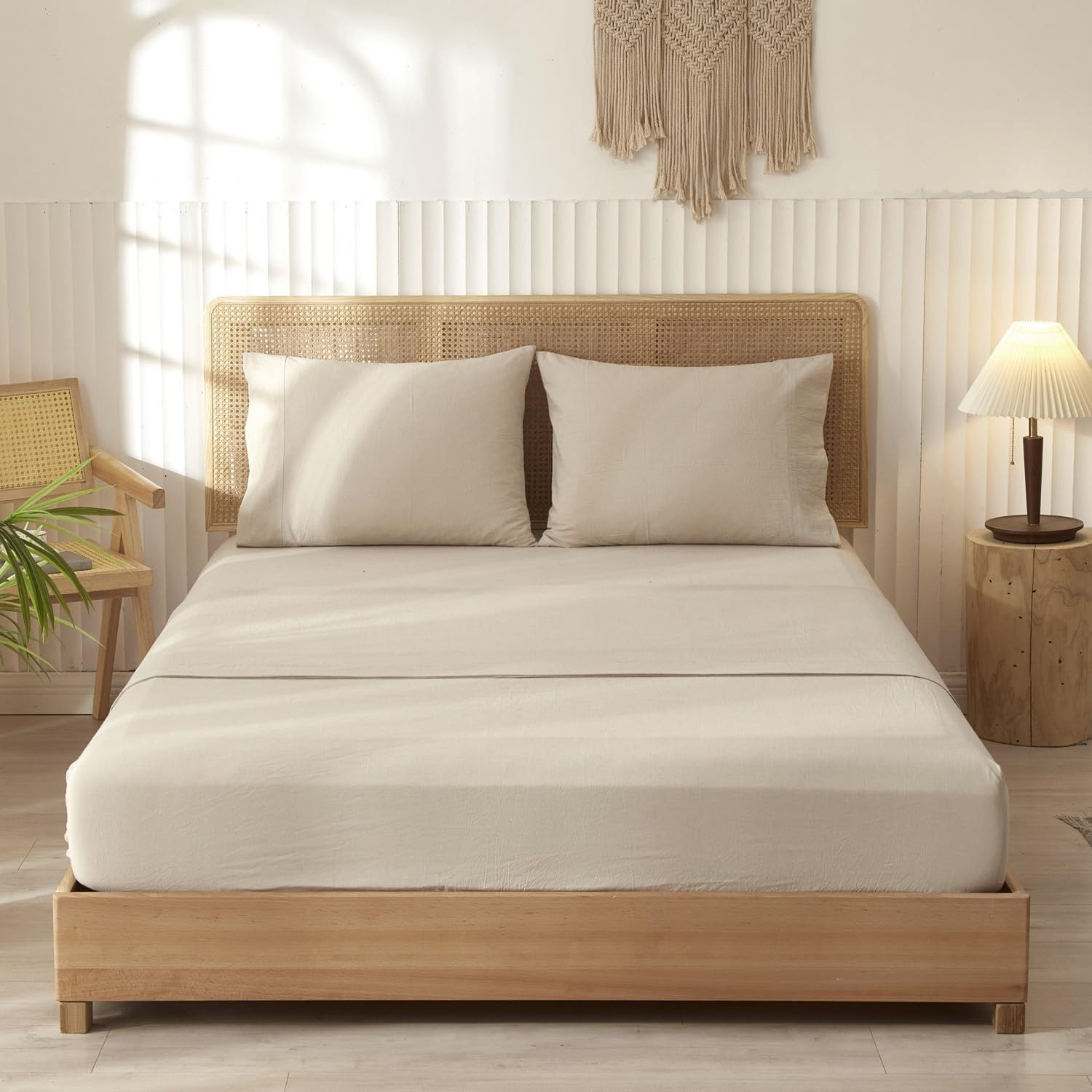 LIFETOWN 100% Washed Cotton 4 Pieces Sheet Set Linen Feel Natural Wrinkle Breathable Lightweight ... | Amazon (CA)