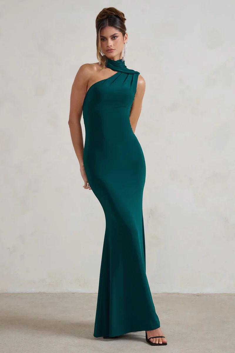 Capucine | Bottle Green Asymmetric Draped Maxi Dress | Club L London