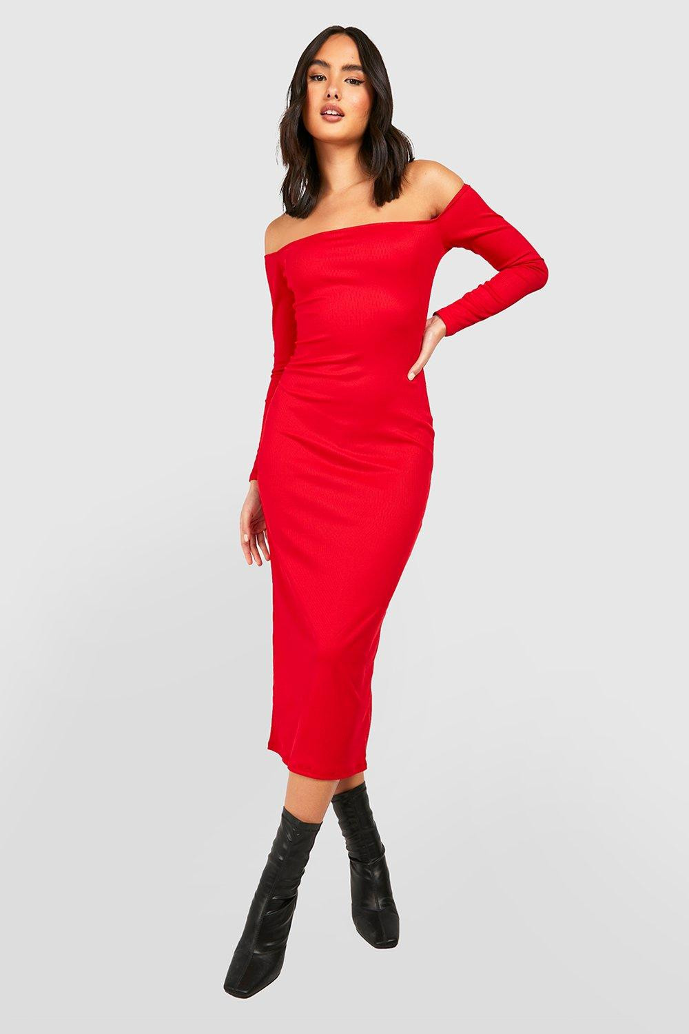 Womens Ribbed Off The Shoulder Midaxi Dress - Red - 6 | Boohoo.com (US & CA)