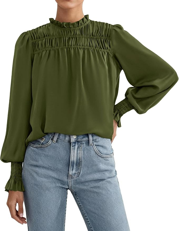 PRETTYGARDEN Blouses for Women Dressy Casual Fall Outfits 2025 Frill Neck Long Sleeve Shirts Sati... | Amazon (US)