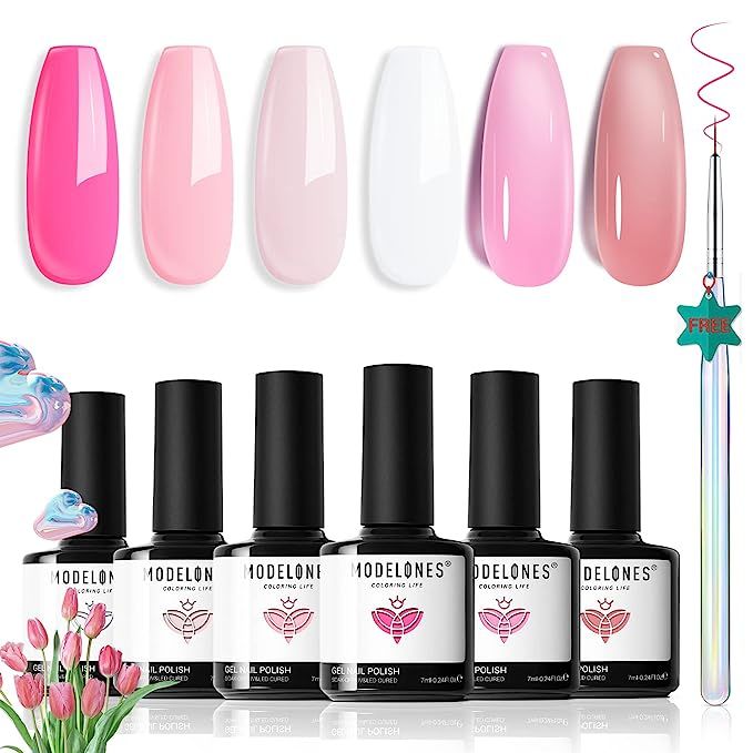 Modelones Gel Nail Polish Set, 6 Colors Light/Hot/Nude Pink Jelly Gel Nail Polish White Spring Su... | Amazon (US)