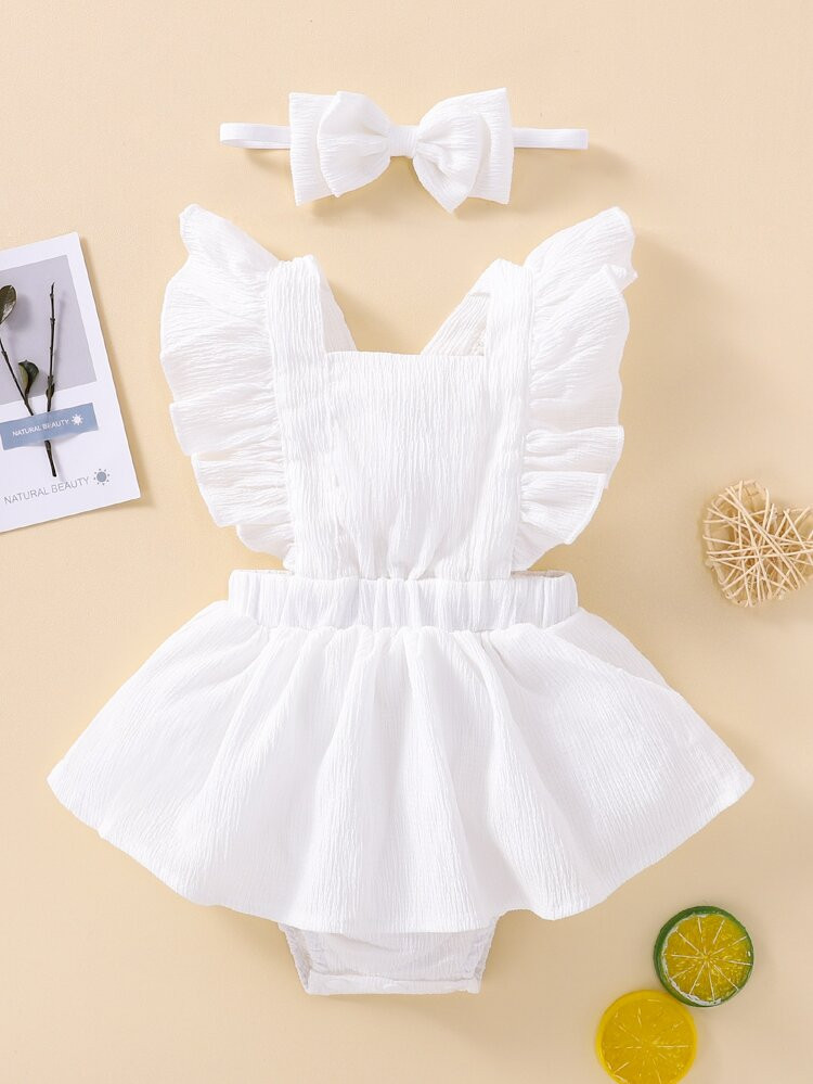 Baby Ruffle Trim Criss Cross Overall Combo Bodysuit Dress & Headband | SHEIN