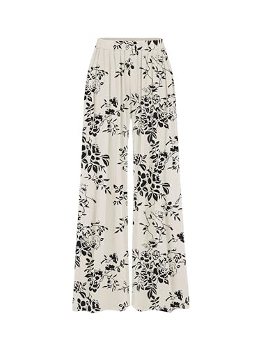 CIDER Palazzo Pants for Women Wide Leg Flowy Pants with Pockets Elastic Mid Waist Summer Beach Vacation Outfits Lightweight Ivory | Amazon (US)