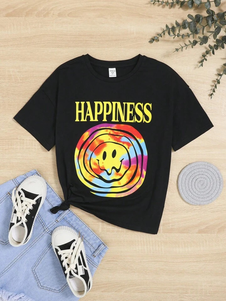 SHEIN Girls Letter & Cartoon Face Print Tee | SHEIN