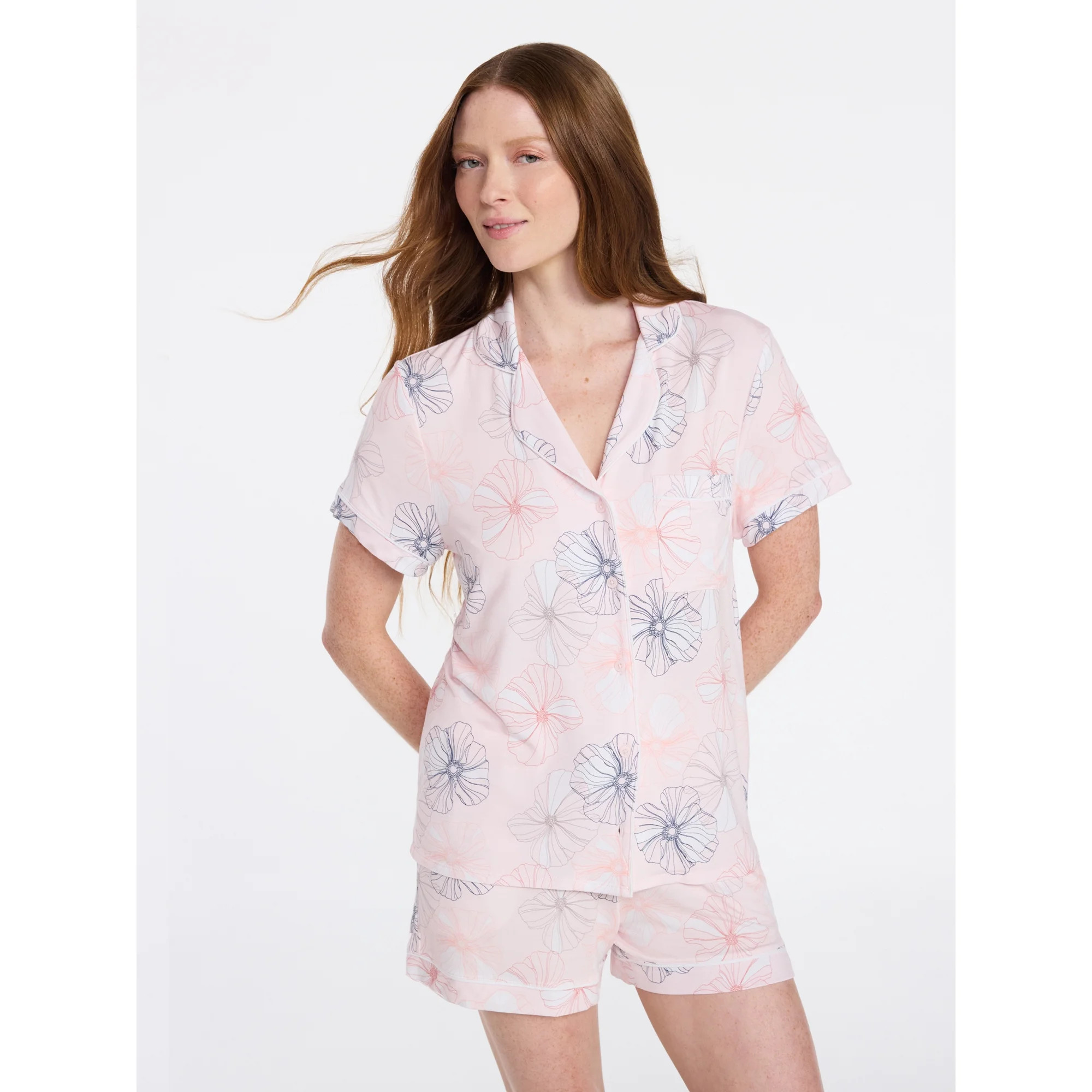 Joyspun Women’s Sleep Modal Short Sleeve Notch Top and Shorts Pajama Set, Size XS-XL, 2X-3X | Walmart (US)