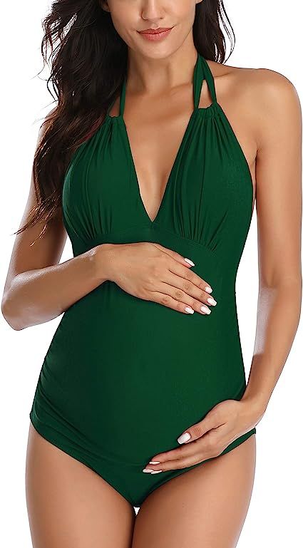 EastElegant Maternity Swimsuits One Piece V-Neck Pregnancy Swimwear Halter Maternity Bikini | Amazon (US)