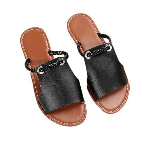 Slide Sandals Women, Open Toe Slip on Summer Slides Casual Stylish Braided Strap Flats Sandals for Daily Outings, Beach (Black,9.5) | Amazon (US)