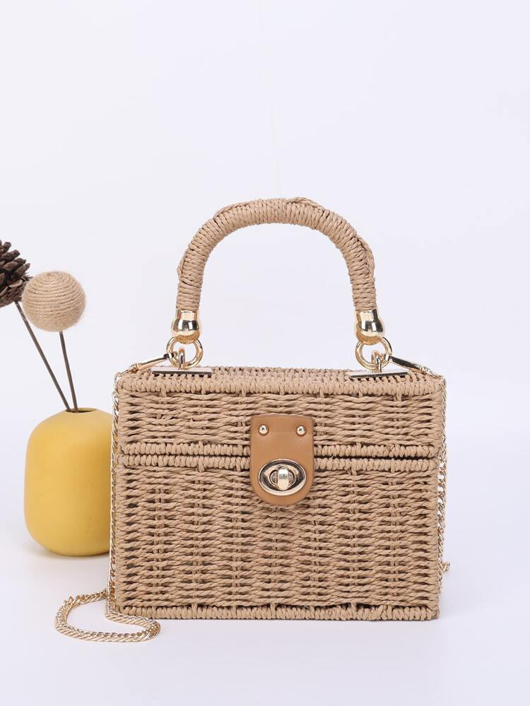 Mini Turn Lock Chain Straw Bag | SHEIN