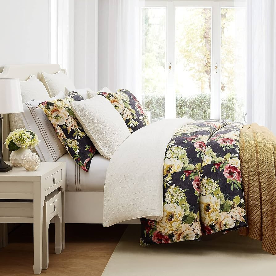 HiEnd Accents Floral Bedding Peony Washed Linen 3 Piece King Size Comforter Set, Charcoal Gray Fl... | Amazon (US)