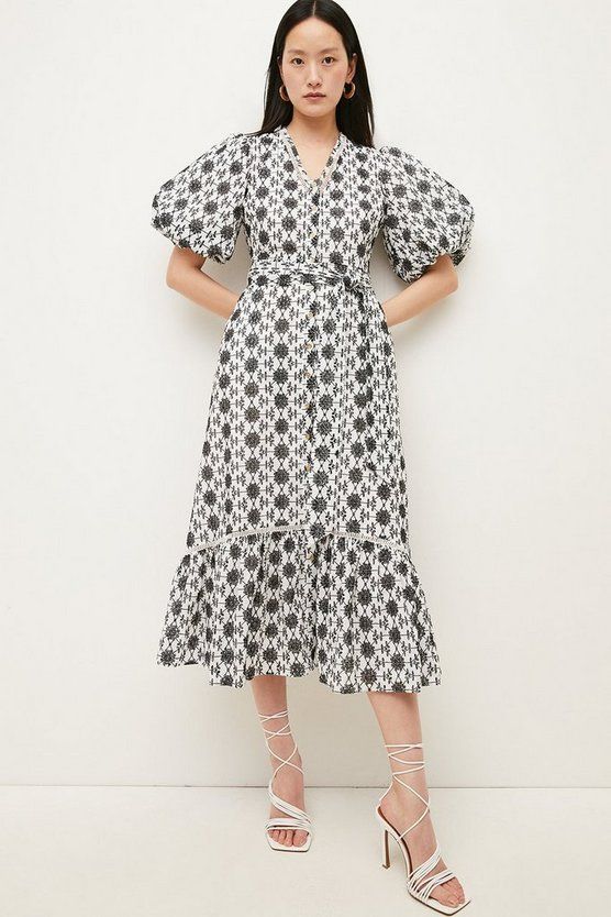 Contrast Cotton Broderie Belted Midi Dress | Karen Millen UK & IE