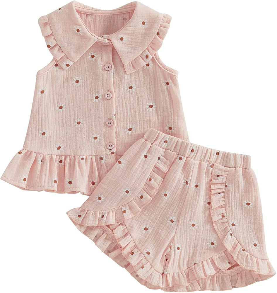 Toddler Baby Girl Clothes Summer Doll Collared Sleeveless Ruffle Tops Shorts Set 1T 2T 3T 4T Kids... | Amazon (US)